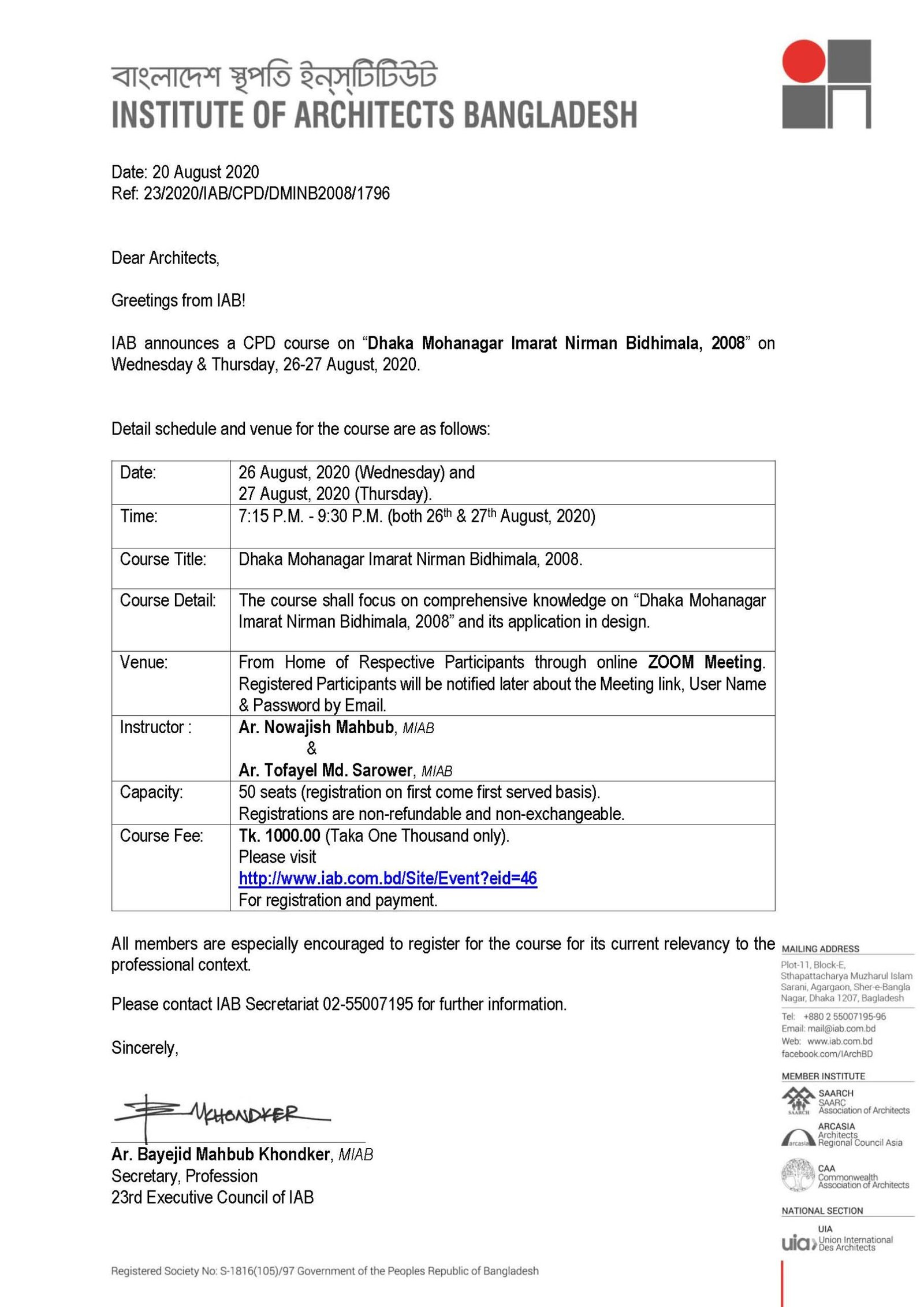 CPD Course on “Dhaka Mohanagar Imarat Nirman Bidhimala 2008”