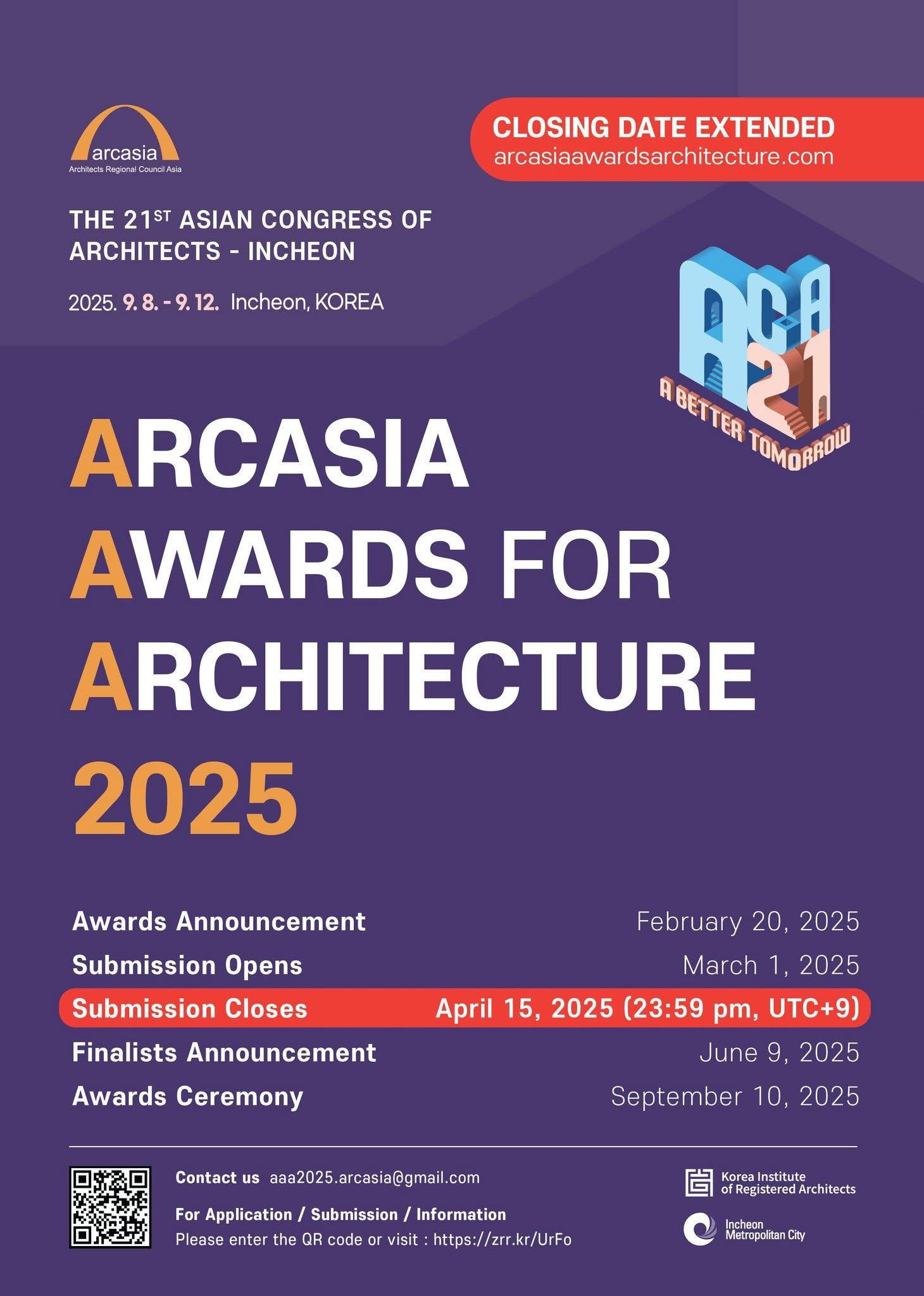 Submission deadline of AAA2025, ARCASIA Architecture Award 2025, has been extended